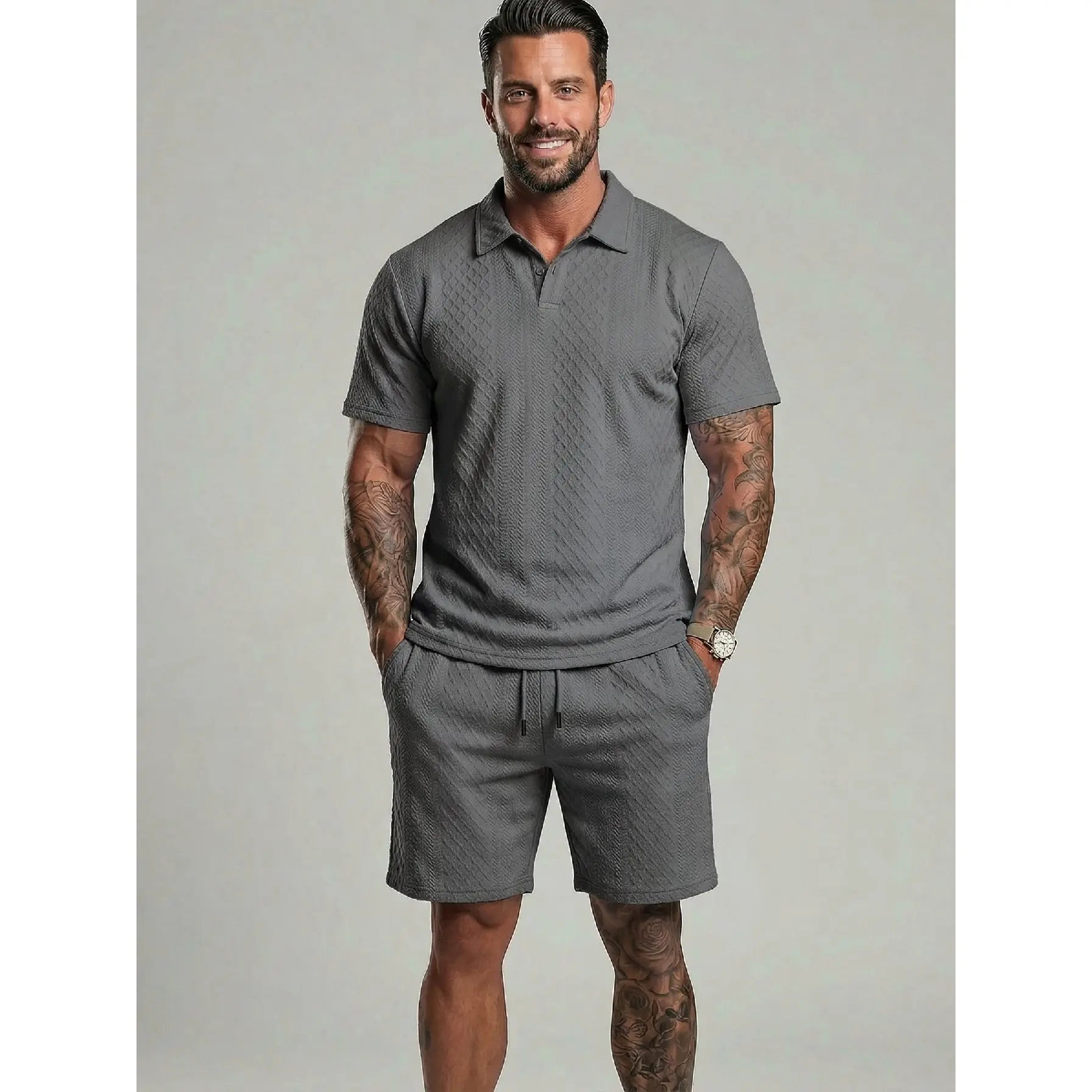 Men's Solid Polo Shirt & Shorts Set Comfortable & Breathable