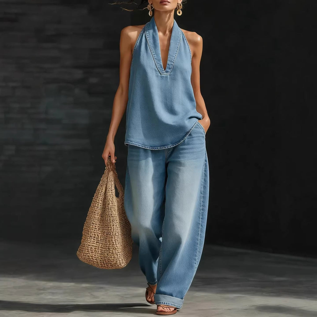 Collared button-down denim top and wide-leg jeans