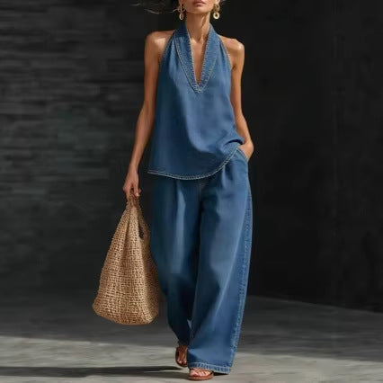Collared button-down denim top and wide-leg jeans