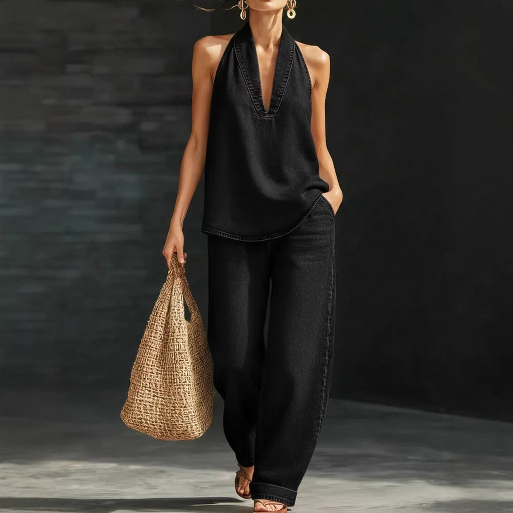 Collared button-down denim top and wide-leg jeans