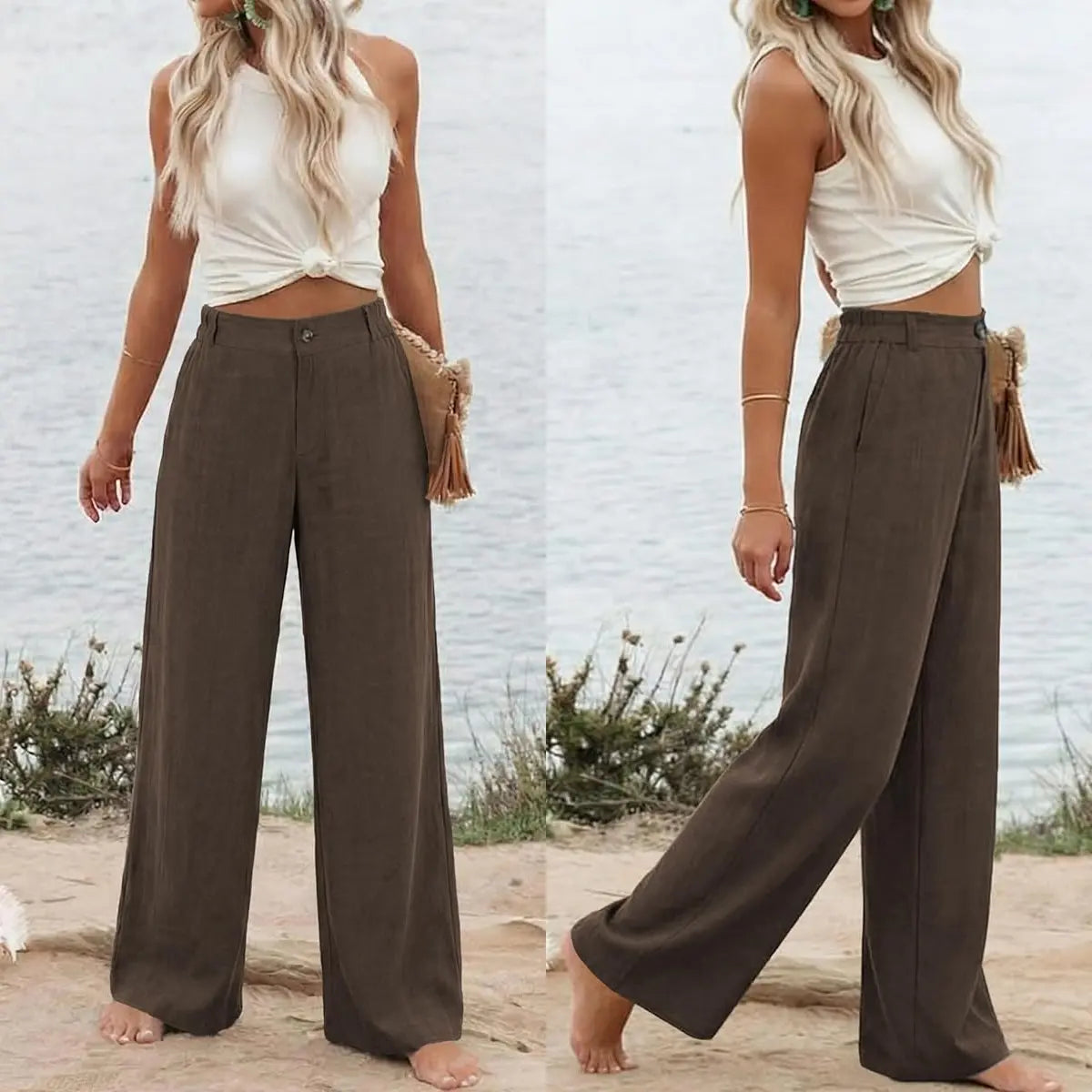 Womens Cotton Linen Pants Casual Wide Leg Summer Trousers