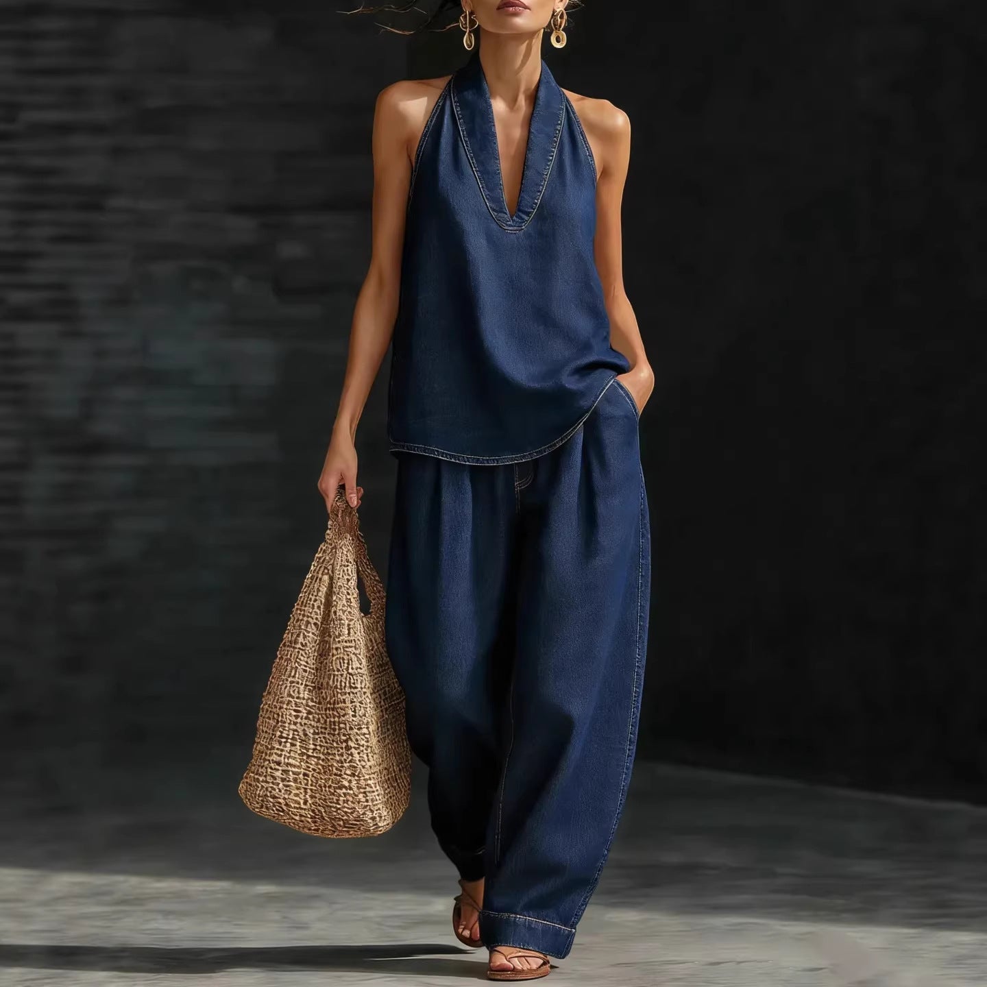 Collared button-down denim top and wide-leg jeans