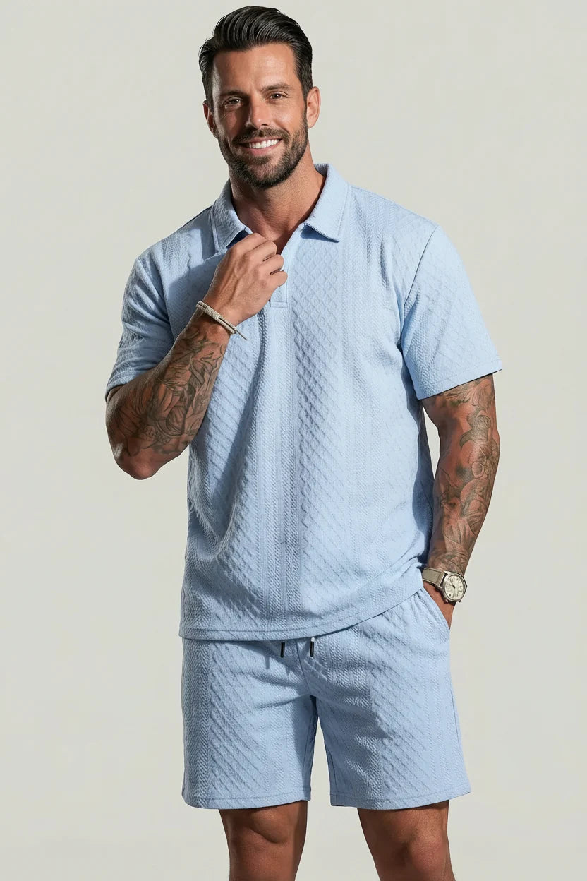 Men's Solid Polo Shirt & Shorts Set Comfortable & Breathable