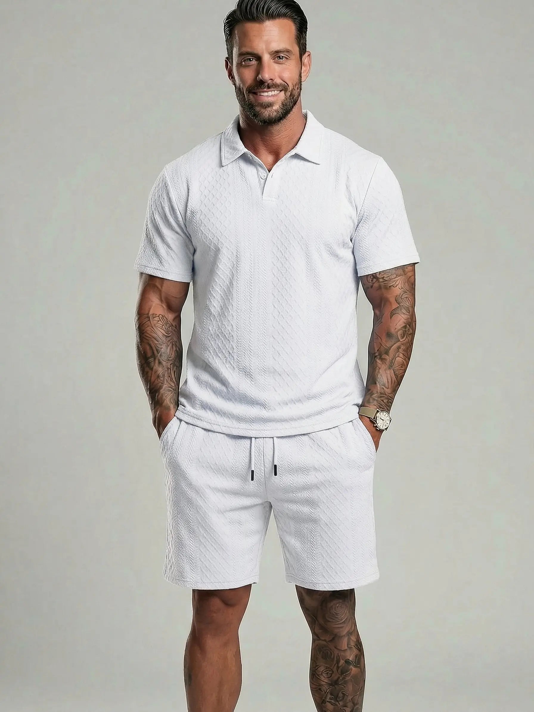 Men's Solid Polo Shirt & Shorts Set Comfortable & Breathable