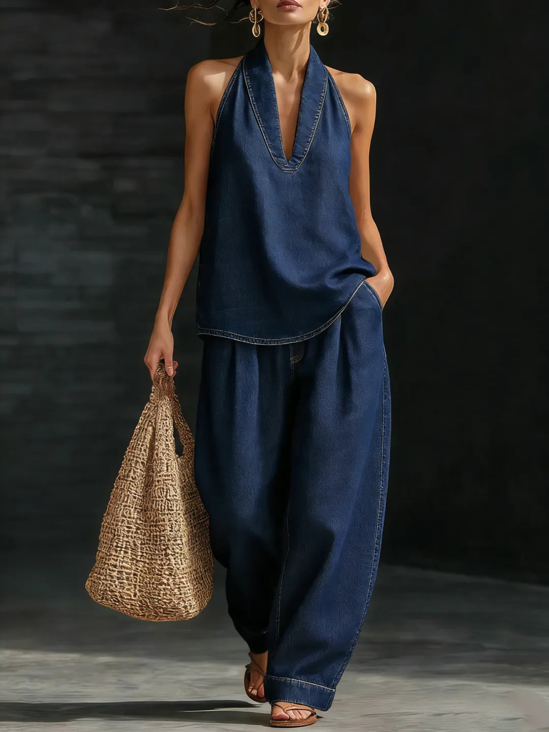 Collared button-down denim top and wide-leg jeans