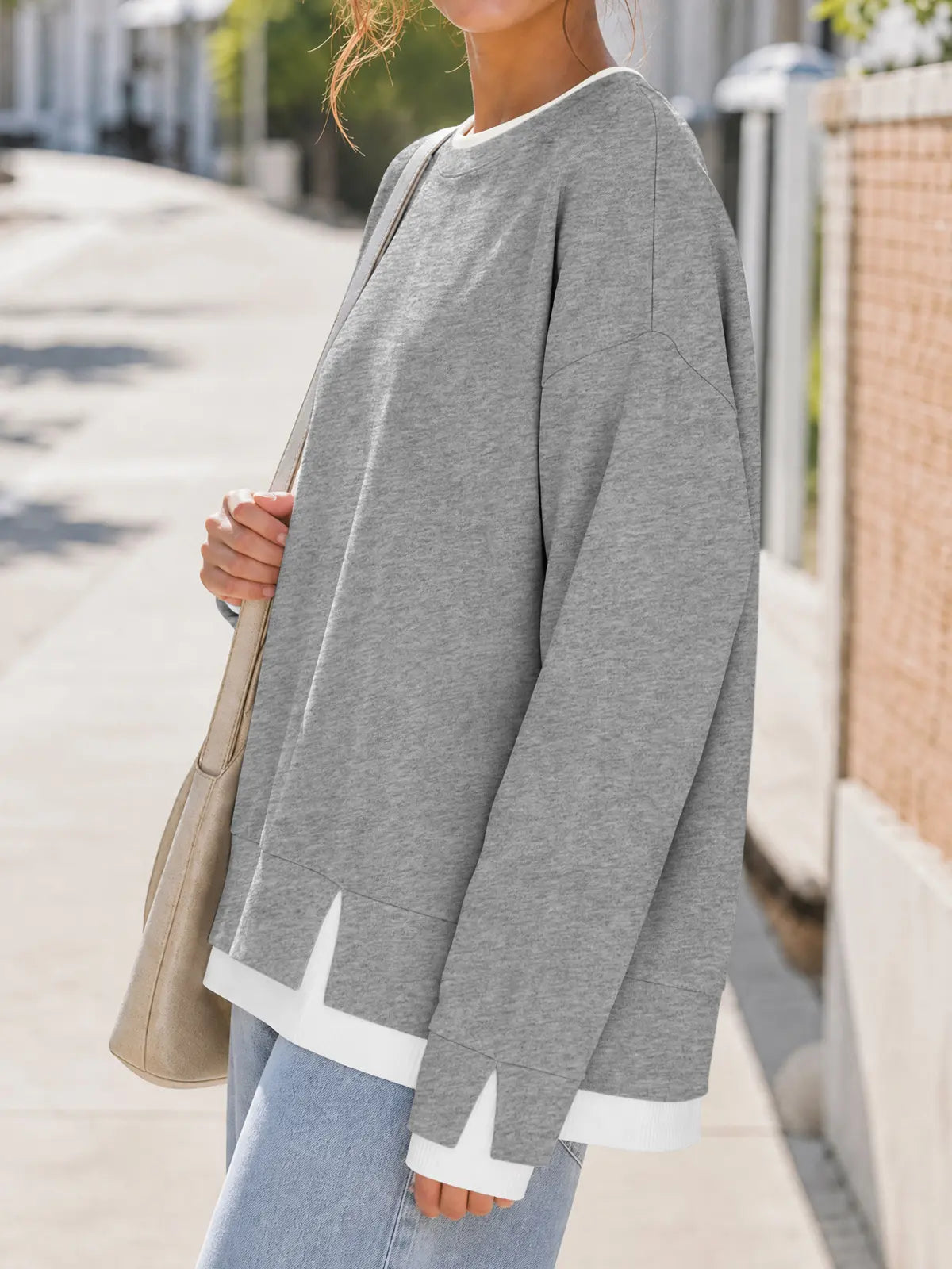 Fisoew Women's Layered Sweatshirt Crew Neck Pullover