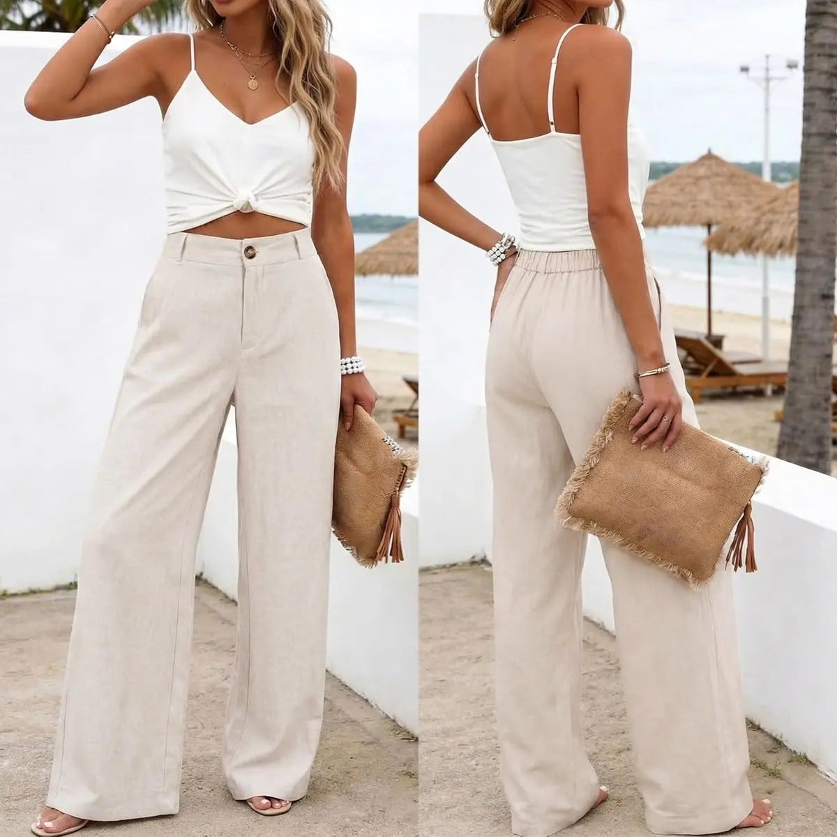 Womens Cotton Linen Pants Casual Wide Leg Summer Trousers