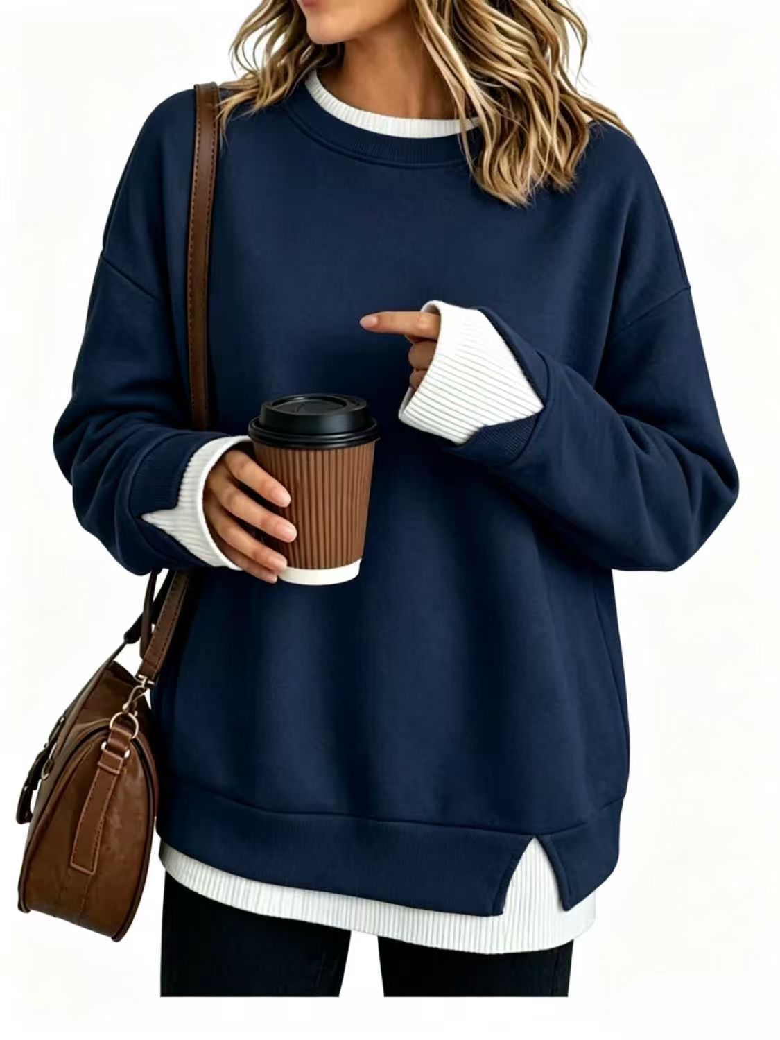 Fisoew Women's Layered Sweatshirt Crew Neck Pullover