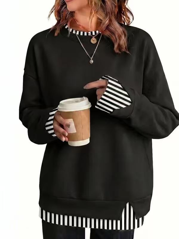 Fisoew Women's Layered Sweatshirt Crew Neck Pullover