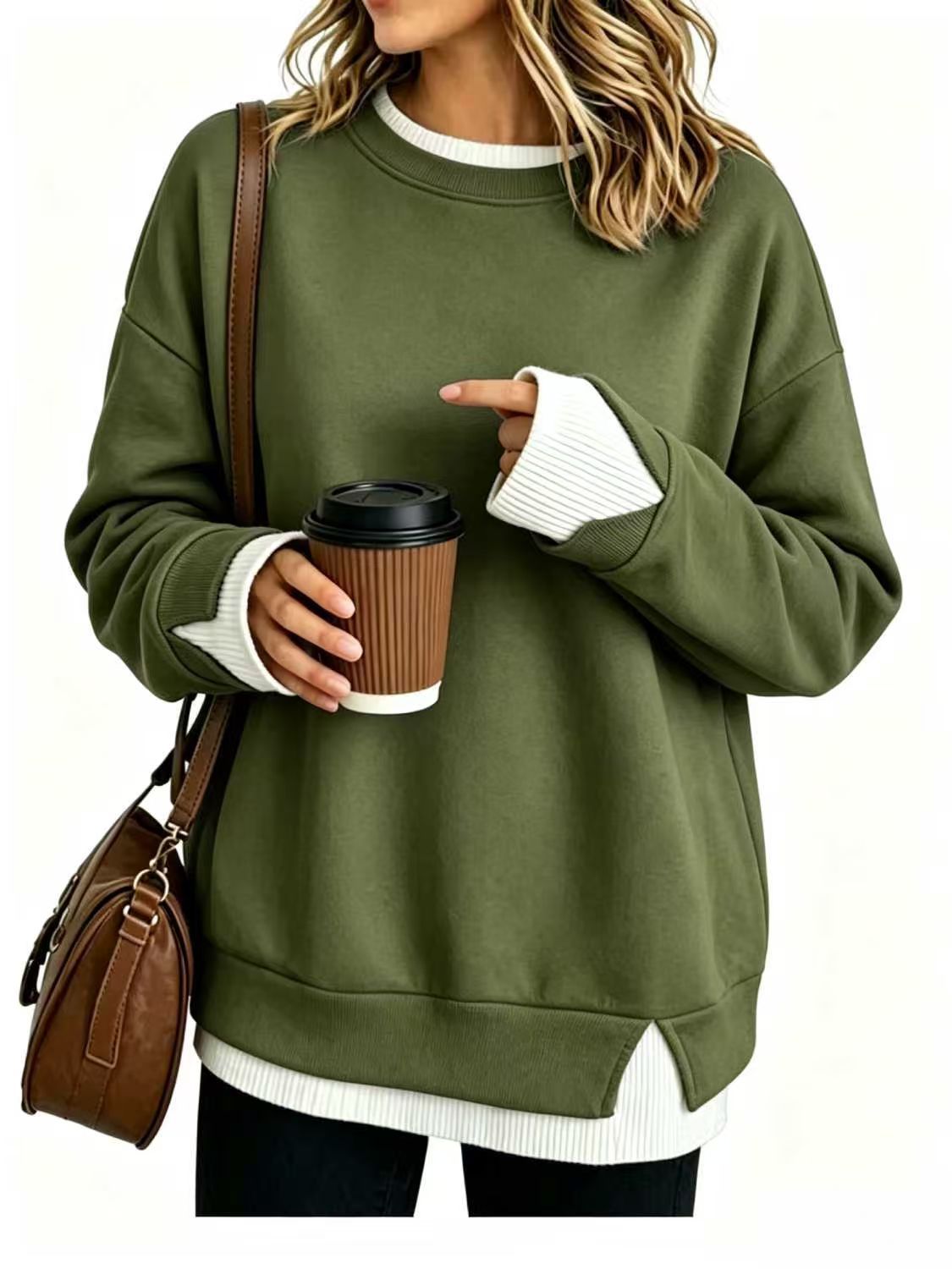 Fisoew Women's Layered Sweatshirt Crew Neck Pullover