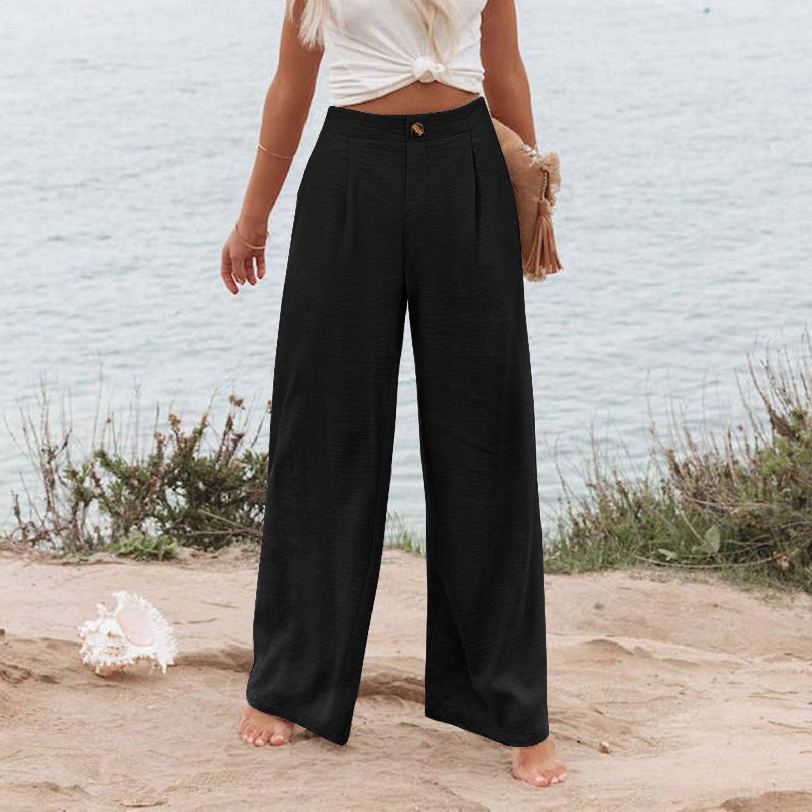 Womens Cotton Linen Pants Casual Wide Leg Summer Trousers