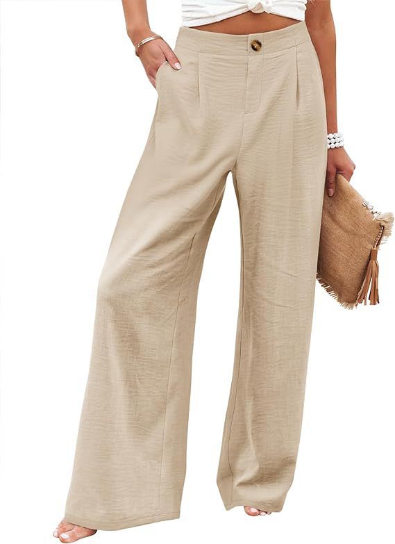 Womens Cotton Linen Pants Casual Wide Leg Summer Trousers