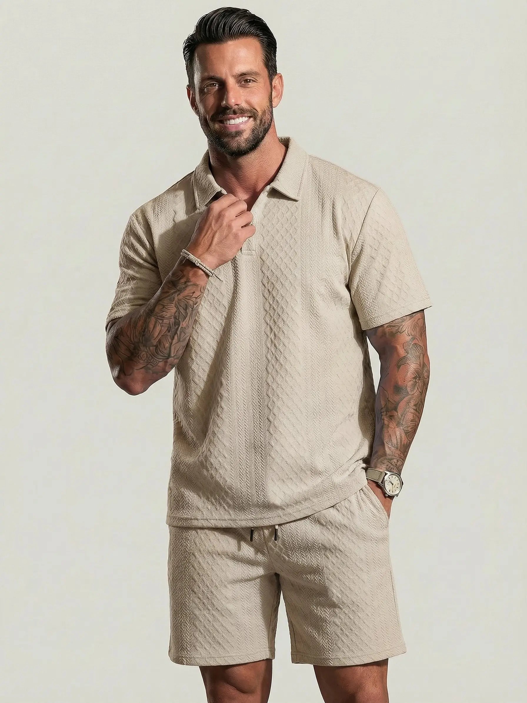 Men's Solid Polo Shirt & Shorts Set Comfortable & Breathable