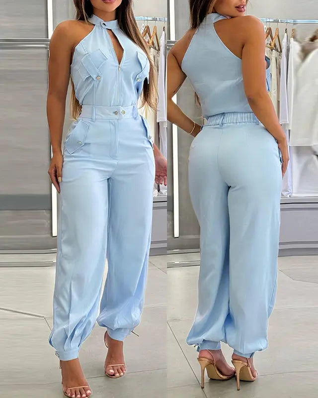 Ladies' 2 Pieces Outfits Sleeveless High Neck Cargo Pockets Design Top and Casual Cuffed Long Pants Set