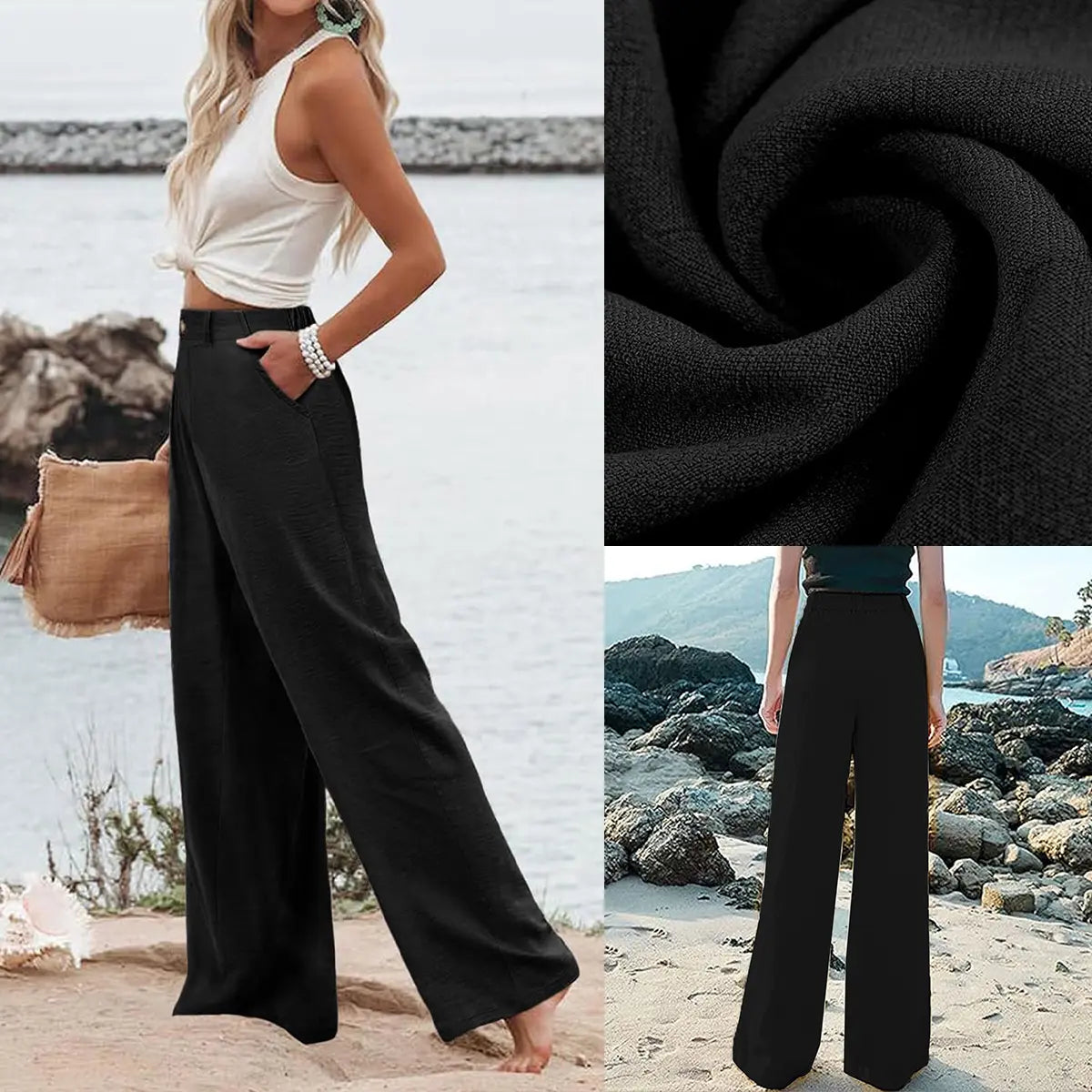 Womens Cotton Linen Pants Casual Wide Leg Summer Trousers